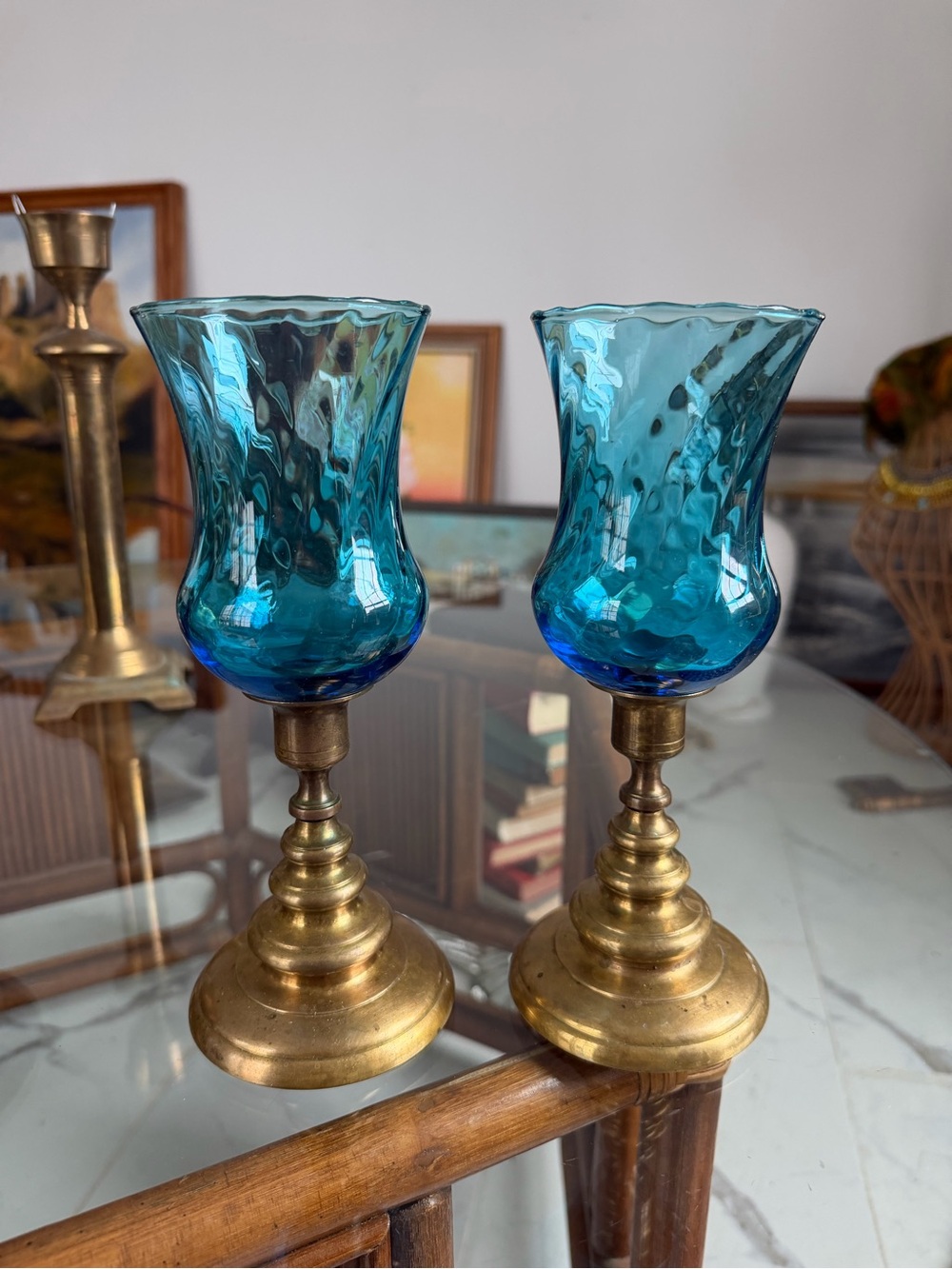 Vintage Blue Glass and Brass Hurricane Candle Holders